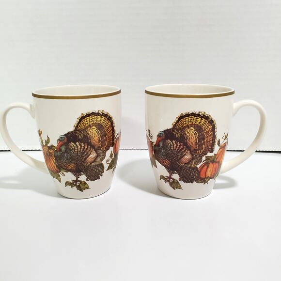 Pottery Barn Heritage Turkey Mugs Set of 2 Thanksgiving Coffee Stoneware Harvest - Picture 1 of 15
